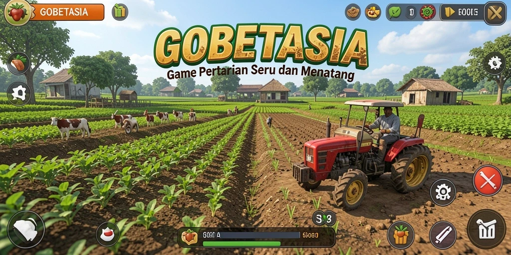 Tampilan permainan GOBETASIA dengan aktivitas bertani di ladang.