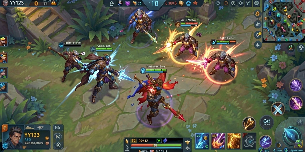 Tampilan mendebarkan dari gameplay MOBA YY123 saat bertarung.